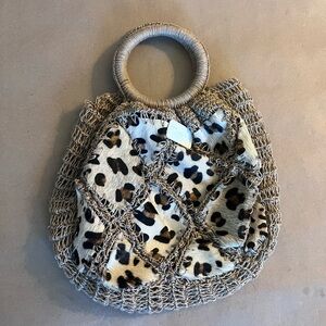 Revue Crochet Leopard Hair Print Ring Double Handle Summer Spring Beach Bag